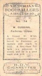 1933 Godfrey Phillips B.D.V. Victorian Footballers (A Series of 50) #14 Bill Cubbins Back